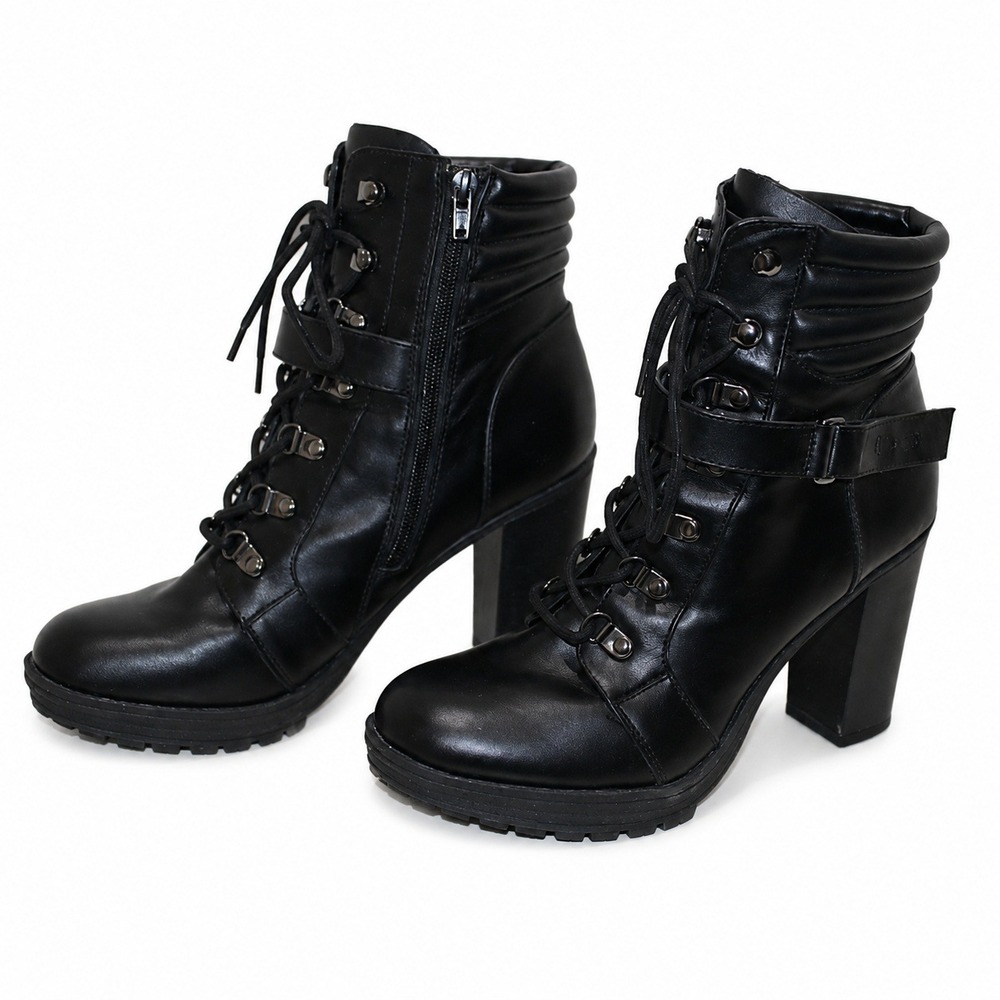 GUESS Geger Combat Ankle Boots Womens 9.5 Black Excellent Block Heel Lace Up Zip - Picture 2 of 5